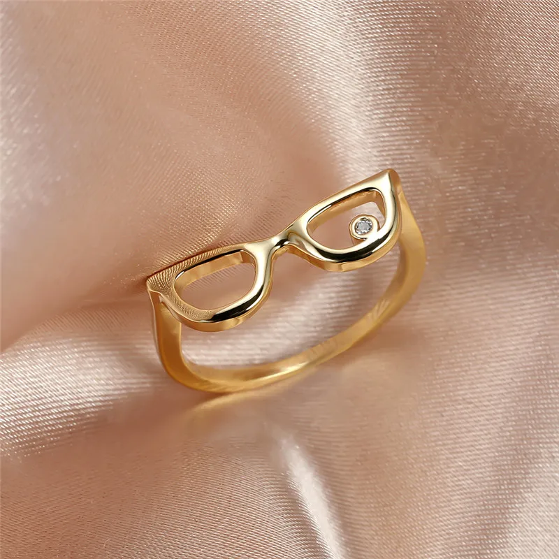 Creative Sunglasses White Round Small Stone Ring Vintage Fashion Yellow Gold Rings For Women Men Wedding Jewelry Glasses | Украшения и
