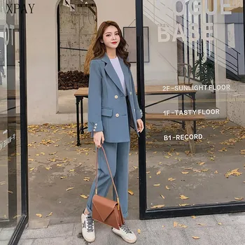 

2020 Spring Autumn Women Suits Plus Sizre OL Style Blazer Elegant Blue Office Lady 2 Piece Set Korean Casual Work Wear Trousers