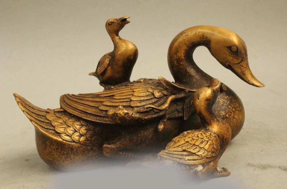 4 &quotКитайский латунный по феншуй Lucky Duck Лебедь мать сын статуя животного