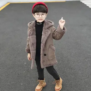 

2019 New Winter Children Boys Plus Velvet Hooded Wool Jacket Kids Thick Warm Fleece Faux Suede Woolen Coat Clothes Outerwear B06