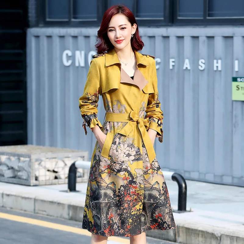 2019 Autumn Women's Casual Trench Coat Suede Oversize Print Vintage Windbreaker Female With Belt Slim Outwear Yellow Top M421
