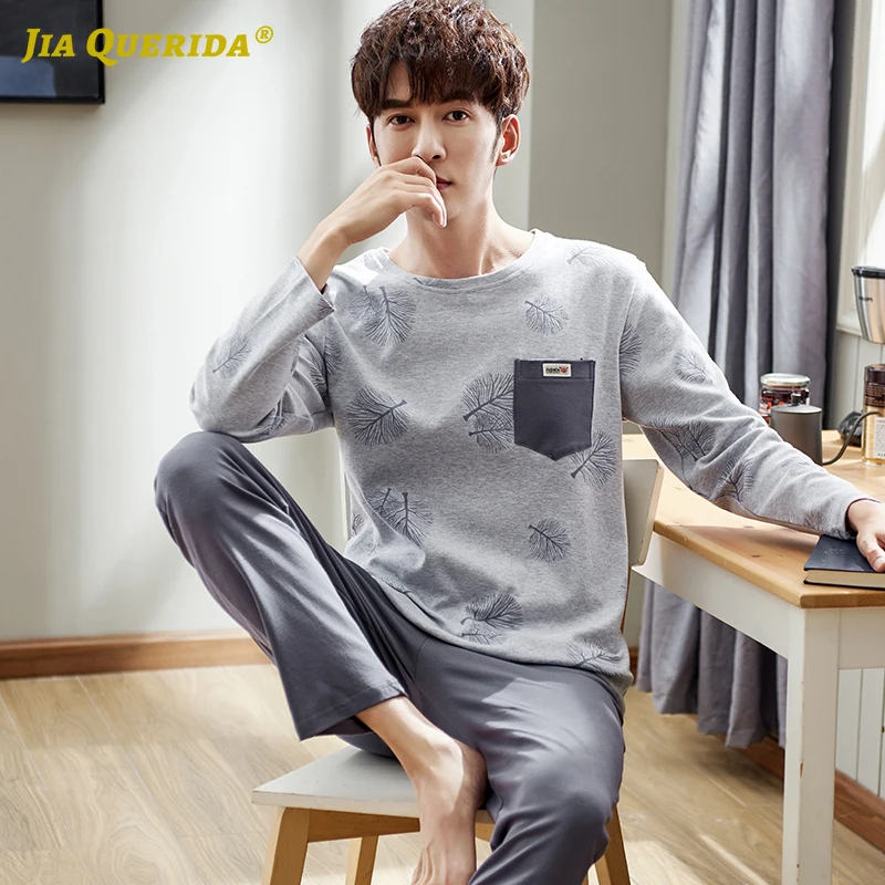 

Plus Size Man Pyjama Set Spring Fall Long Sleeves 100% Cotton Mens Pajamas Big Homewear Set 2020 New Gery Printing Men Pajamas
