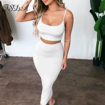 

FSDA Summer White Women Set Spaghetti Strap Crop Top Sexy And Long Bodycon Skirt Midi Black Party Two Piece Set Club Outfit