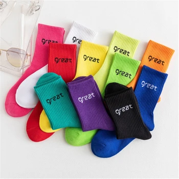 

New Pure Colored Letters Casual Socks Harajuku Fluorescent Green Tube Socks Men&Women Unisex Cotton Girls autumn Happy Socks