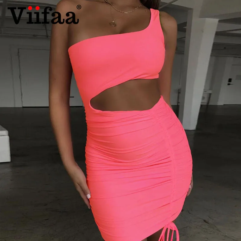 

Viifaa Night Out One Shoulder Party Drawstring Ruched Tank Dress Women Hollow Out Sexy Club Stretchy Bodycon Neon Dresses