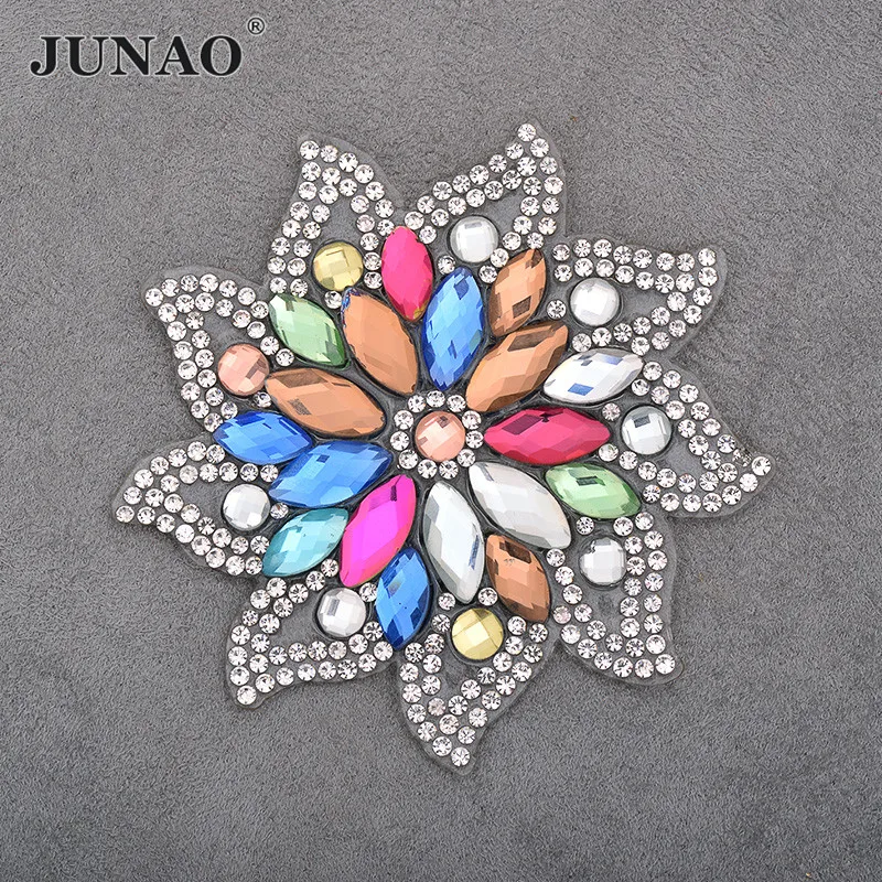 

JUNAO 1pcs 75mm Mix Color Glass Rhinestone Patches Iron On Crystal Motifs Flower Hotfix Strass Crystal For Clothes Decoration