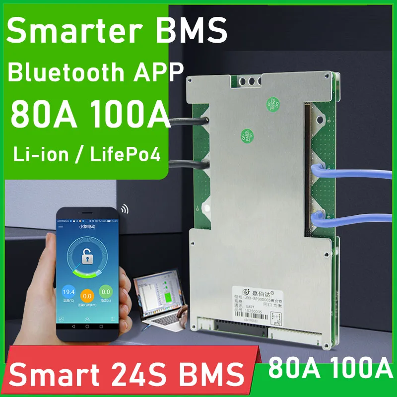 

Защитная Плата Smart BMS 24S li-ion/LifePo4 40A 60A 80A 100A для литиевых батарей, комплекты с балансировкой, Bluetooth, управлением через приложение для ПК, 3,2 В, 3,7