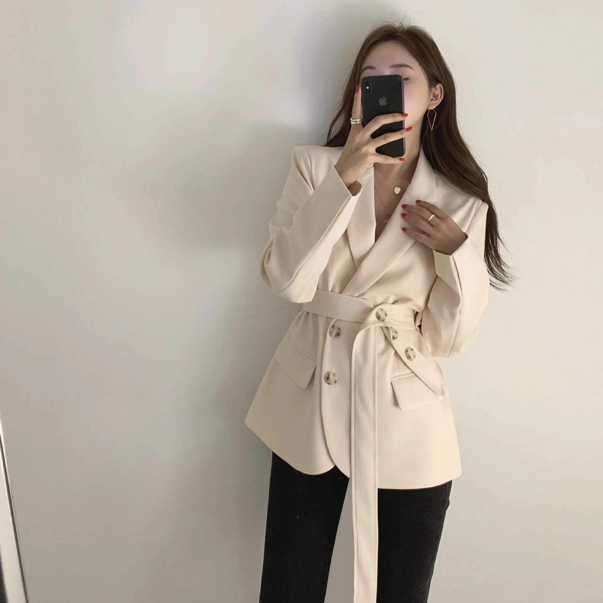 

South Korea Dongdaemun INS Simple Western Style Cool Belt Button Regulation Elegant Suit Jacket