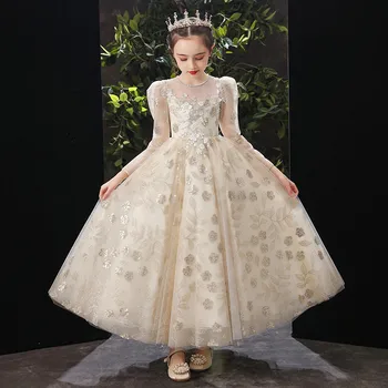 

2020Autumn Korean Sweet Luxury Sequined Princess Ball Gown Dress For Children Girls Champagne Color Birthday Evening Party Dress