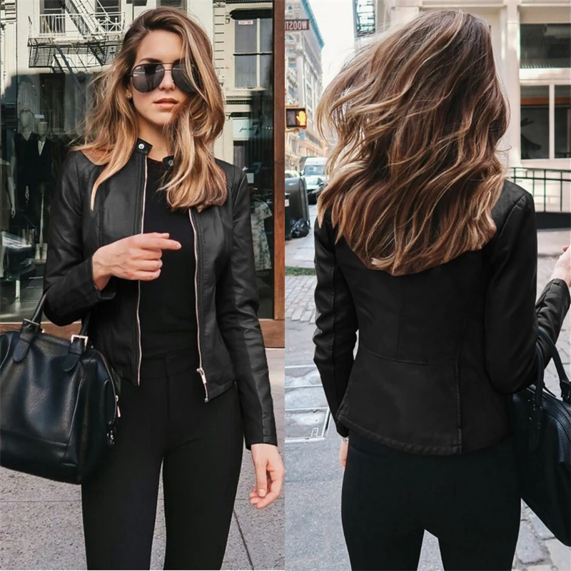 

Spring Women Solid PU Leather Jacket Coat Casual Zipper Soft Motorcycle Leather Coat Slim Shape Cool Fashion Outwear Plus Size