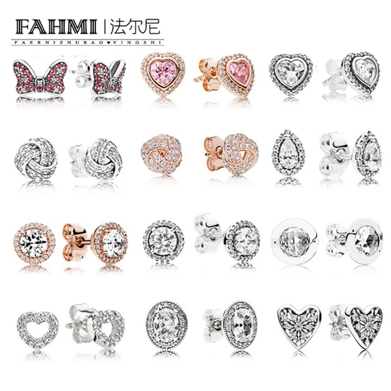 

FAHMI 100% 925 Sterling Silver 1:1 Charm Bow Heart-Shaped Rose Gold Teardrop Zircon Round Female Elegant Stud Earrings