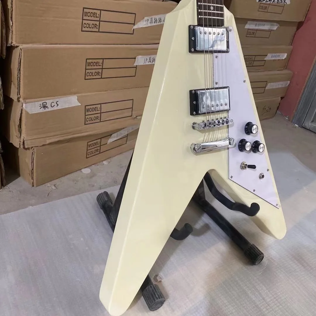 Fly-V Electric Guitar Cream Yellow Color Mahogany Body Rosewood Fingerboard High Quality Guitarar Free Shipping