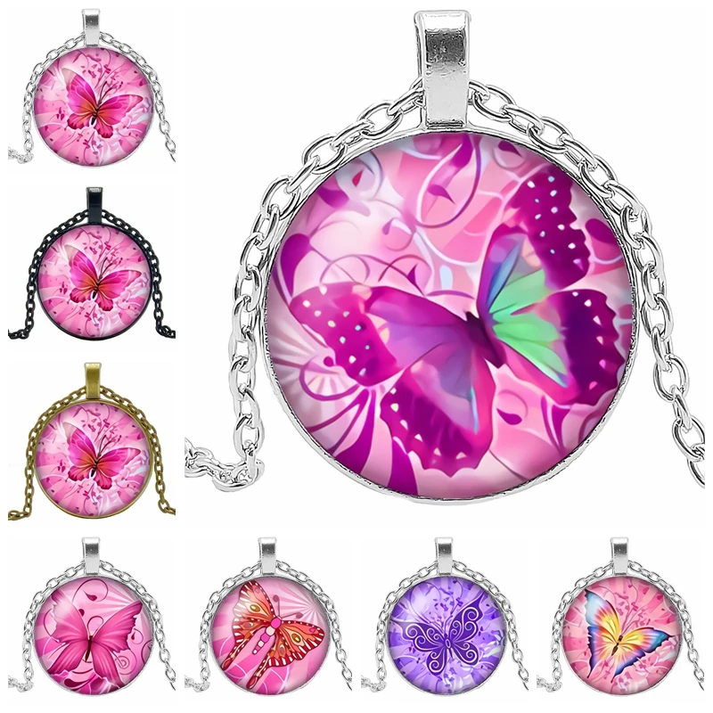 HOT! 2019 New Pink Butterfly Glass Convex Pendant Necklace Cartoon When Assembling | Украшения и аксессуары