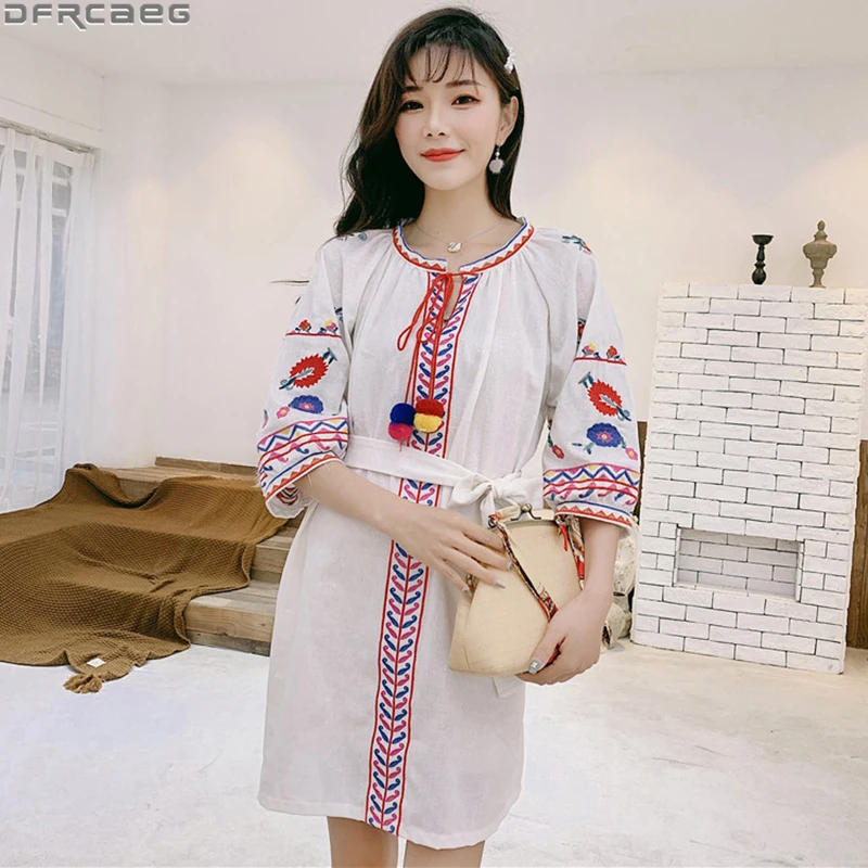 

Casual White Boho Dress For Women Loose Embroidery Floral Ladies Dresses Drawstring Mini Summer Beach Vestidos Ukraine With Belt