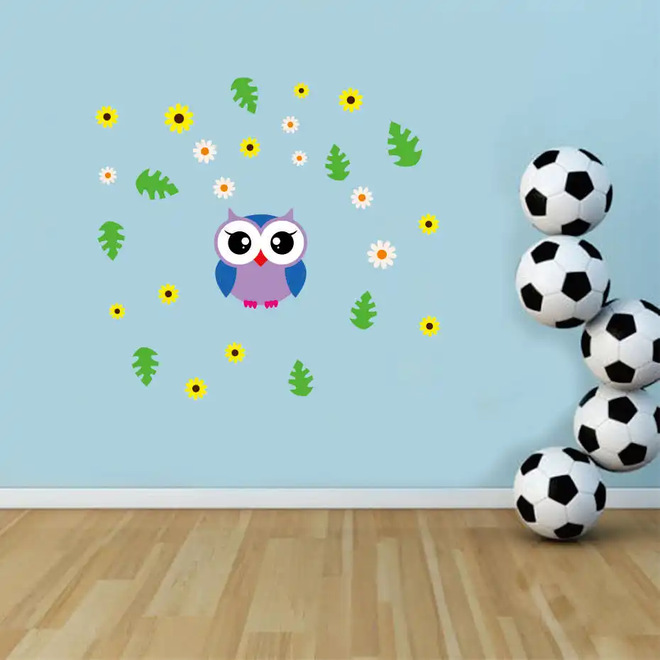 Cute Nursery Owl with Flowers Stickers on Wall Art DIY Flowers Leafs Decals for Kids Baby Room Bedroom Door Home decor Wallpaper (5)