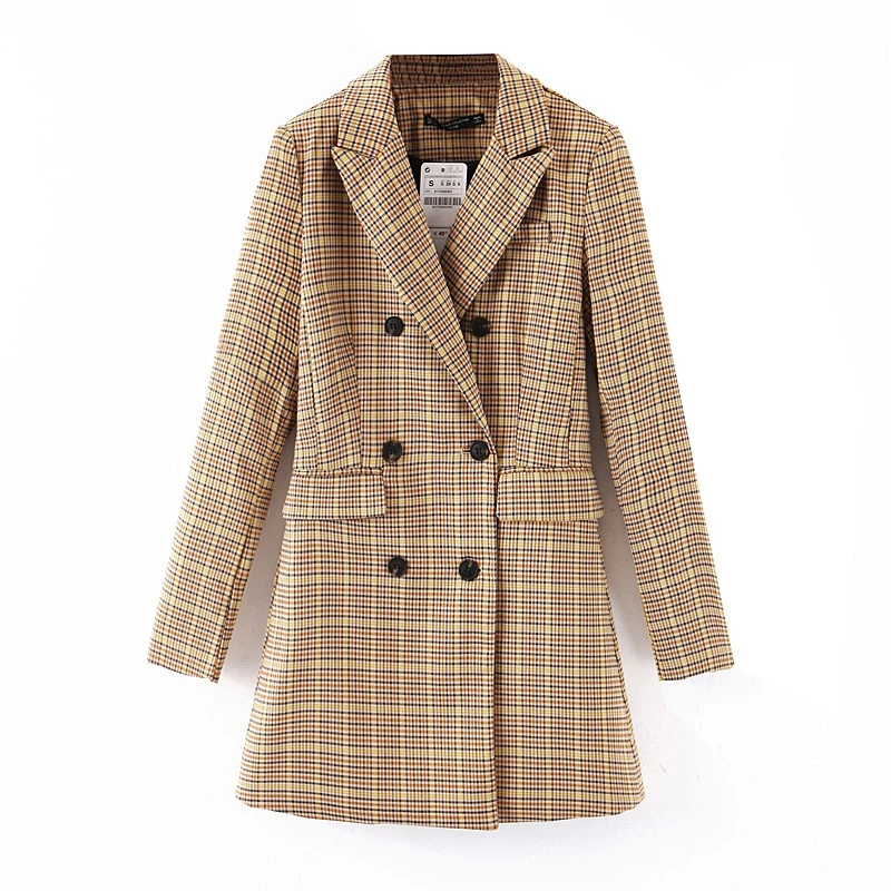 

Autumn Fashion Plaid Blazer Double Breasted Slim Blazer Feminino OL Womens Suit Office Coat Long Slim Suit XB9266