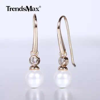 

585 Rose Gold Simulated Pearl Long Earrings for Women Girls Clear Cubic Zircon Drop Huggie Earrings New Fashion Jewelry GE280