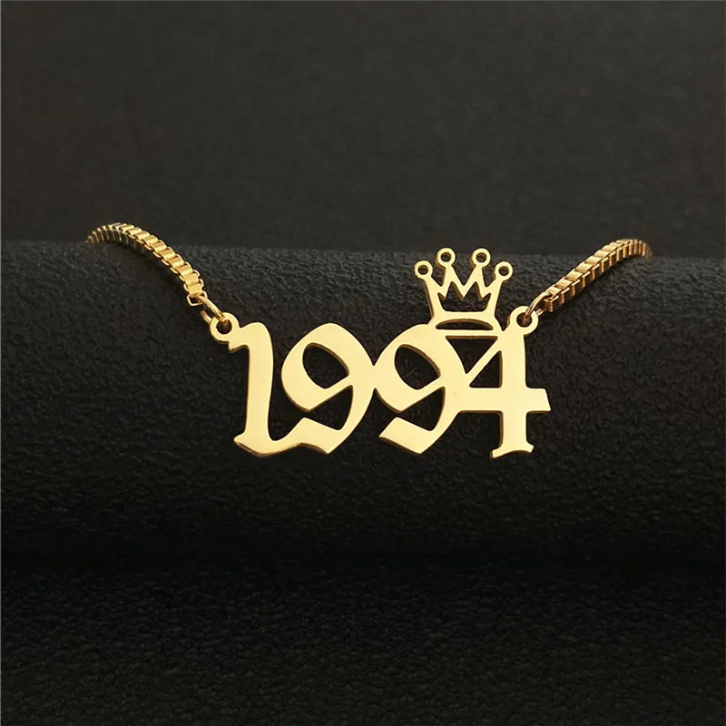 

1994 Number Necklace For Women Special Date Year Old English Collier Boho Jewelry Stainless Steel Gold Silver Chain Crown Choker