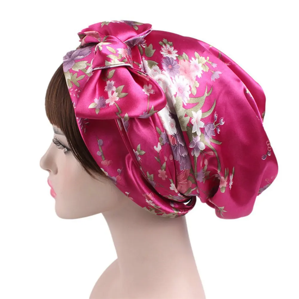 Rose red flower Женская Мягкая Шелковая Атласная шапочка, шапочка для салона, ночная шапочка для натуральных вьющихся волос, шапка для ночного сна, косички, накидка на голову - Цвет: Rose red flower