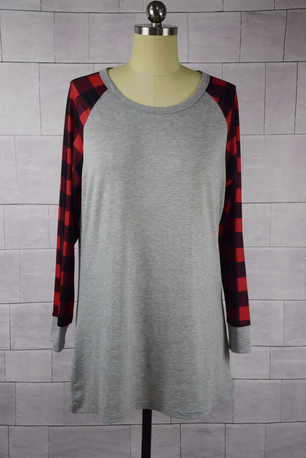 spring and summer Europe and the United States Metsini casual women's gray plaid sleeves fitted with T-shirts