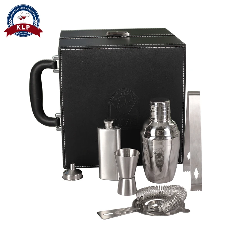 

Cocktail Bar Set With Leather Case Including Jigger Hip Flask Strainer Funnel Ice Tongs Cocktail Shaker Set