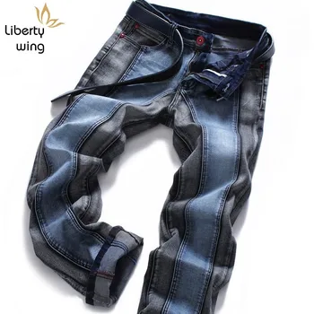 

High Street Men Patchwork Jeans Casual Stretch Straight Trousers Plus Size 44 Fashion Pocket Zipper Biker Denim Pants Male