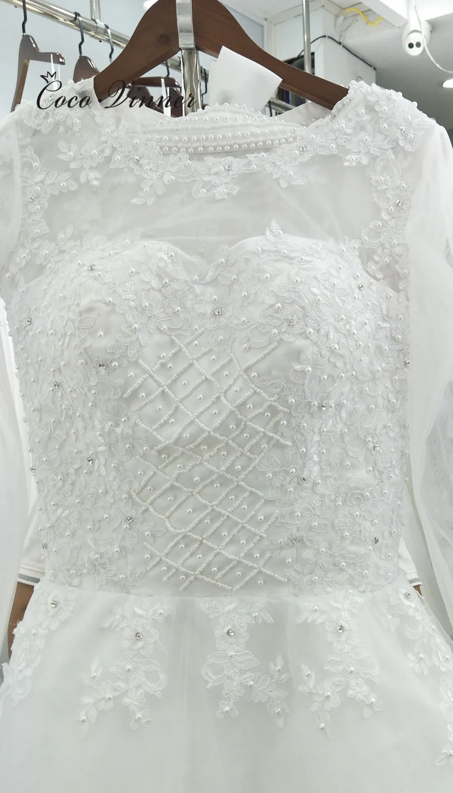 Красивое Жемчужное свадебное платье 2 в 1 трапециевидной формы, съемная юбка, длинный рукав, иллюзионное кружевное свадебное платье es W0278-B