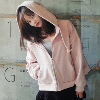 

Women Solid Color Hooded Cardigan Thin Student Jacket Coat Spring Autumn Casual Zipper Women's Basic Models