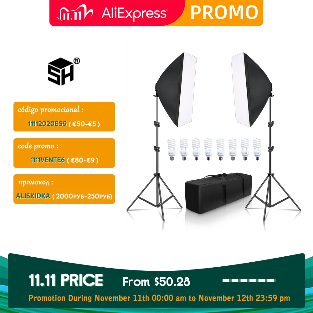 

SH Softbox Lighting Kit 50x70cm Photography Continuous light box For Photo Studio With 8PCS E27 Socket Lighting Bulbs