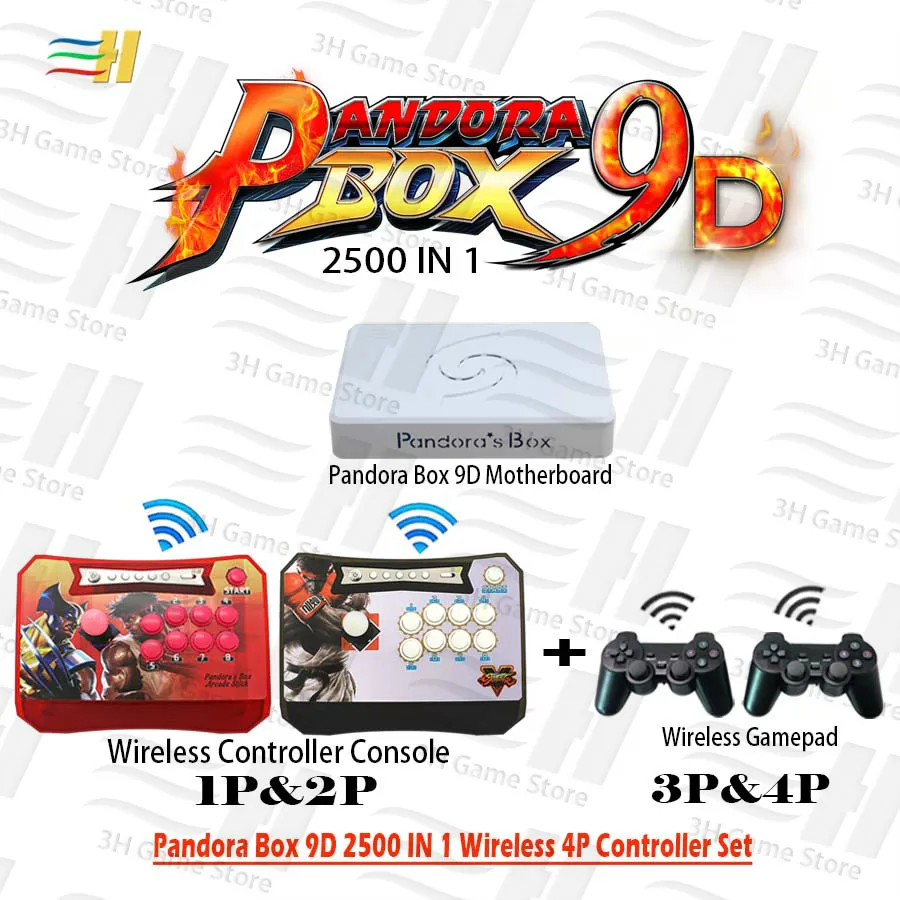Pandora Box 9D беспроводной 4 игрока набор 2500 В 1 есть 3D игры Беспроводной аркадный джойстик контроллер и геймпад HDMI VGA для ТВ ПК ps3