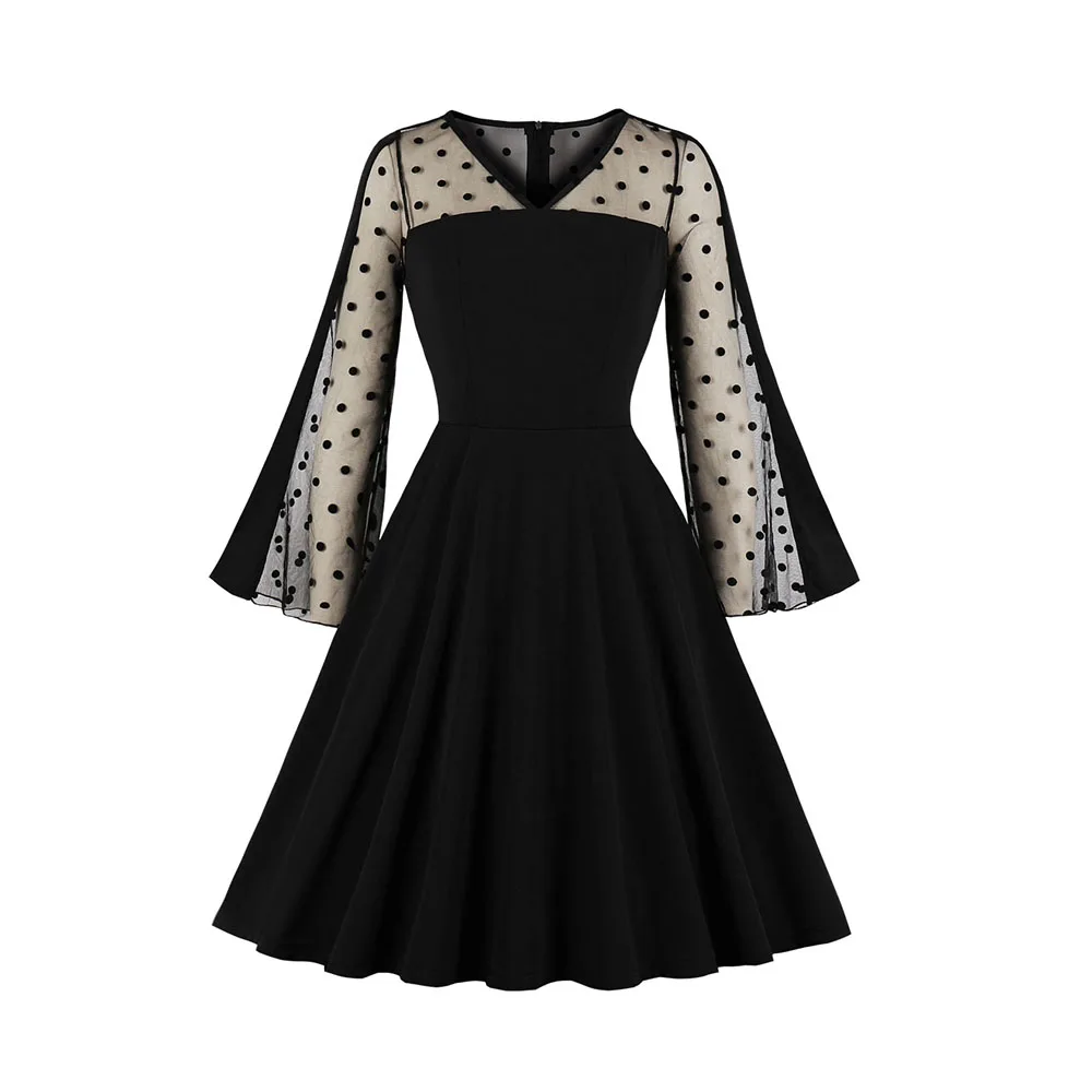 

Retro Elegant Black Dress Women Autumn Patchwork US 50s 60s Bell Sleeve Dress Dark Goth Evening Party Plus Size 2XL Vestidos