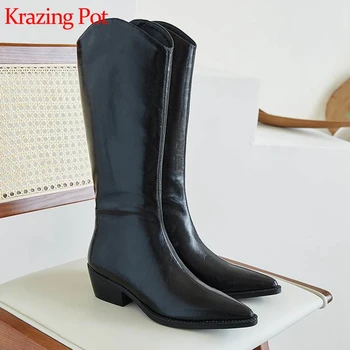 

Krazing pot hot sealing natural genuine leather slip on pointed toe med heel vintage retro model streetwear knee-higboots L27