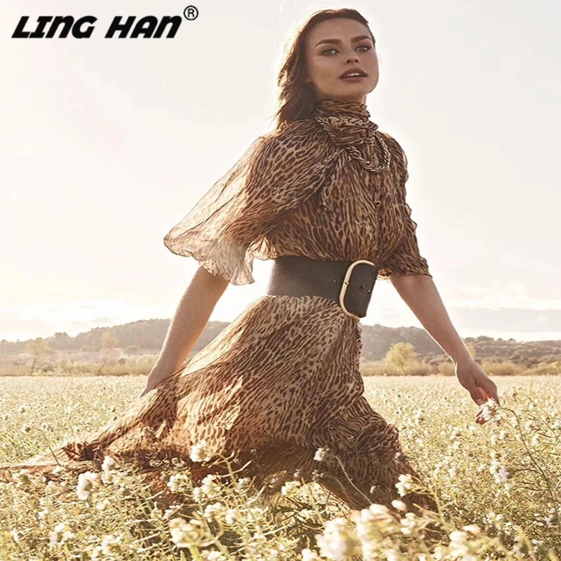 

LINGHAN Early autumn New Leopard Dress For Women Puff Sleeve Stand Collar High Waist Ruffle Dresses Female Vintage Fashion
