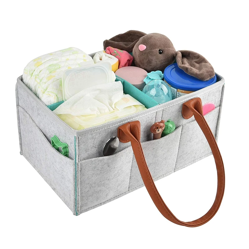 Baby Diaper Caddy Organizer Portable Nursery Diaper Storage Bin For Changing Table Large Car Travel Organizer,Gray+Blue