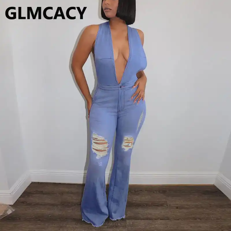 v neck denim jumpsuit