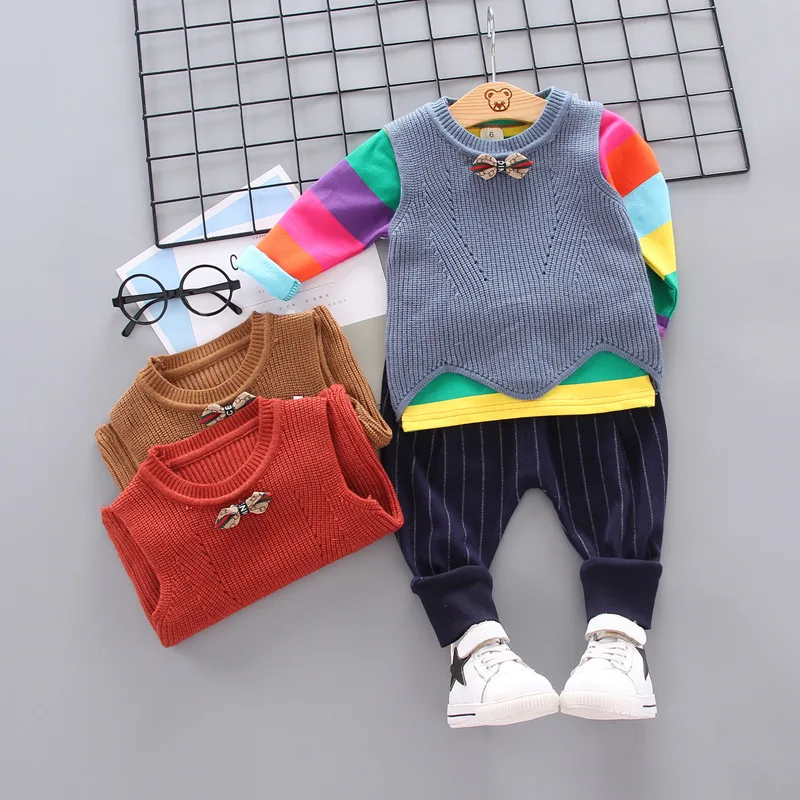 

2019 Autumn Korean-style Article Rainbow Crew Neck Long Sleeve New Style BOY'S Suit Knitted Vest Vest Trousers Three-piece Set