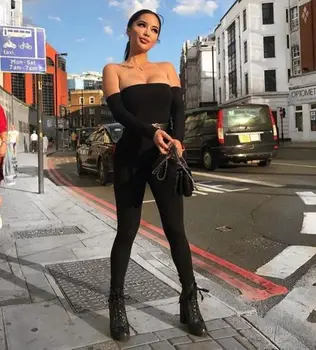 

Women Off Shoulder Jumpsuit Bodycon Long Sleeve Playsuit Jumpsuits Rompers Skinny Sexy Clubwear Female Black Trousers