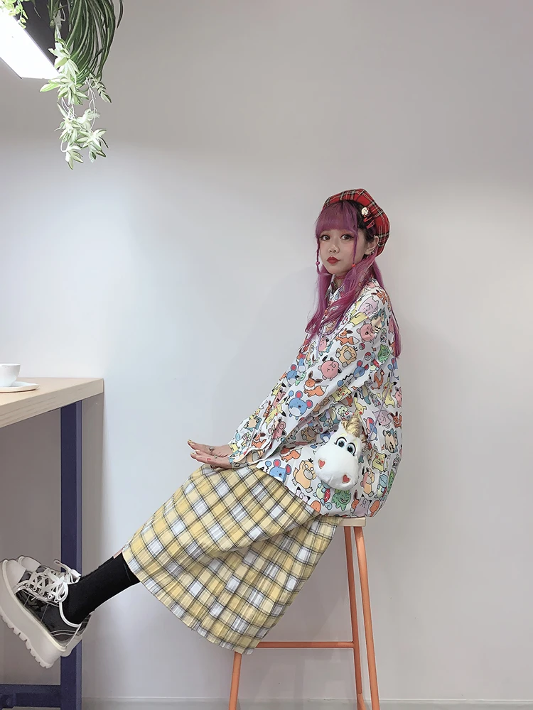 Осенняя Новая женская шифоновая блузка Harajuku негабаритный мультяшный любимец эльфы с принтом BF длинный рукав женская шифоновая рубашка Топы Весна