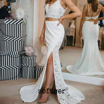 

White Mermaid Satin Slit Two Pieces Appliques Evening Dresses Prom Simple Long Arabic Special Occasion Robe De Soiree Plus