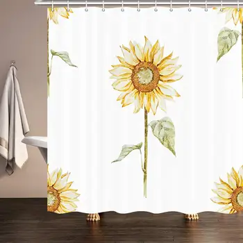 

Sunflower Decor Shower Curtain, Autumn Watercolor Yellow Floral Upgrade Polyester Fabric Bath Curtains Bathroom Accessories,