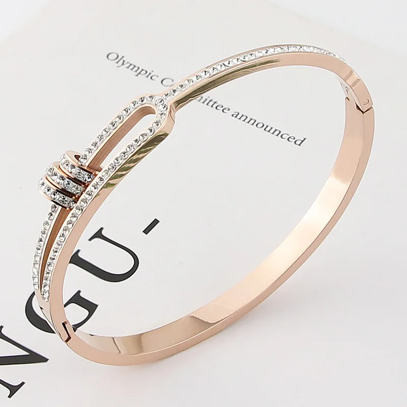 Stainless Steel Three Circles Crystal Bangle Bracelet Half Hollow Design For Women's Love Gifts