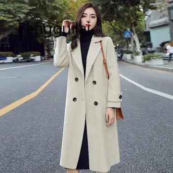 

FENGGUILAI Autumn Winter Woolen Coat Women Korean Casual Ladies Long Woolen Coats Blue Black Beige Warm Clothes Femme 2019 New