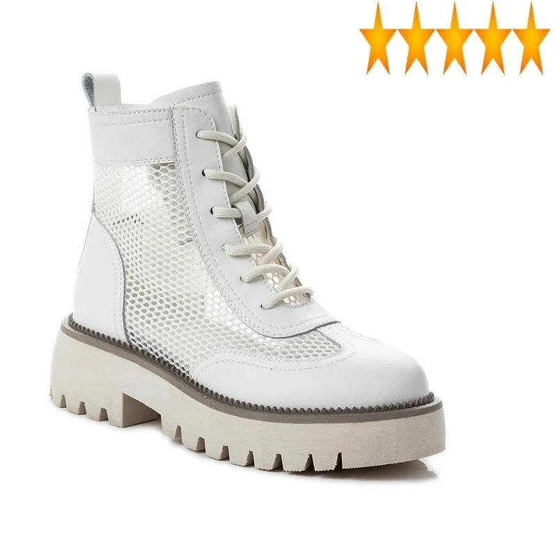 

Women Mesh Summer Breathable Patchwork Lace Up Round Toe High Heel Leather Shoes Fashion Female Ankle Length Work Boots