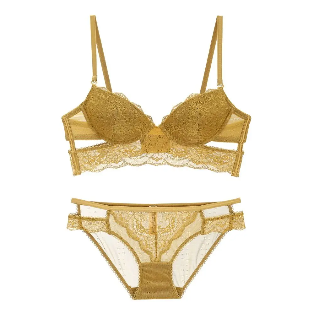 Anlito комплект нижнего белья, сексуальные бюстгальтеры, вышивка, пуш-ап, комплекты бюстгальтеров, кружевной бюстгальтер с глубоким v-образным вырезом, толстый хлопковый Женский комплект нижнего белья - Цвет: Golden