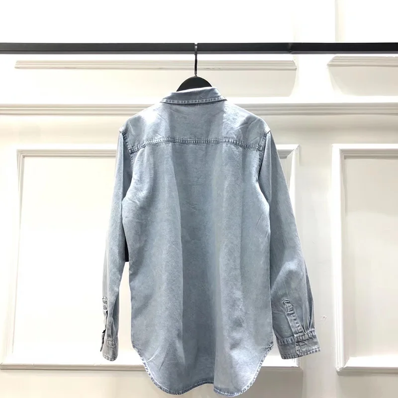 19FW DREW HOUSE, Мужская джинсовая рубашка, уличная рубашка с длинным рукавом, Camisas Hombre, мужские и женские рубашки с отворотом, свободная джинсовая рубашка в стиле хип-хоп