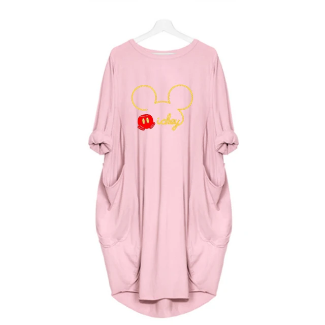 Mickey Mouse Dress for Women Casual Loose Midi Dresses Leopard Print Pocket Vintage Vestido Fall Maxi Clothes Kawaii Robe Femme D002M300 Pink