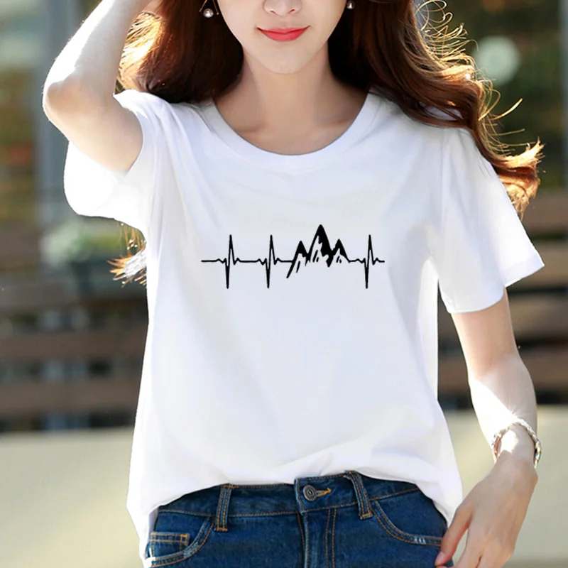 

New Arrival Mountain heartbeat Printed Fashion Women T Shirts Short Sleeve Summer T-shirt Women Plus Size Cotton Clothes