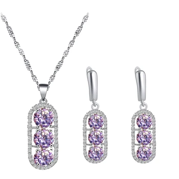 

Pink Round 925 Silver Zircon Earrings Necklace Pendant Jewelry Set Romantic Valentine's Day Gift JS849