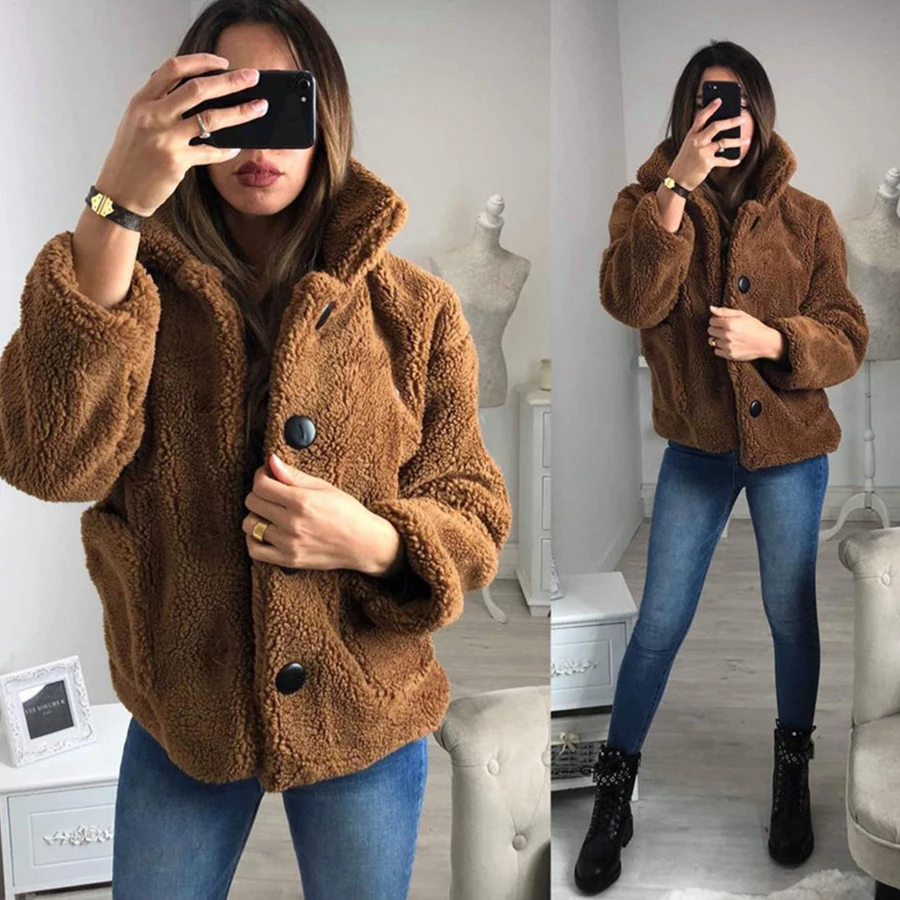 wonderful  Simple Solid Plush Women's Jacket Casual Long Sleeve Single Breasted Red Jacket Woman Winter Warm a
