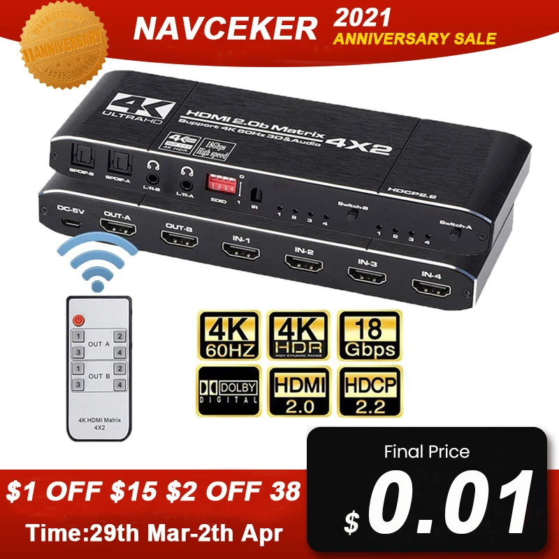 Interruptor divisor de 2020 4K @ 60Hz Matriz HDMI, 4x2, compatible con HDCP 2,2 IR, Control remoto, HDMI, 4x2, Spdif, 4K, HDMI, 4x2